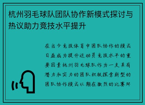 杭州羽毛球队团队协作新模式探讨与热议助力竞技水平提升