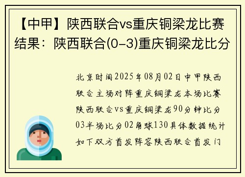 【中甲】陕西联合vs重庆铜梁龙比赛结果：陕西联合(0-3)重庆铜梁龙比分战报